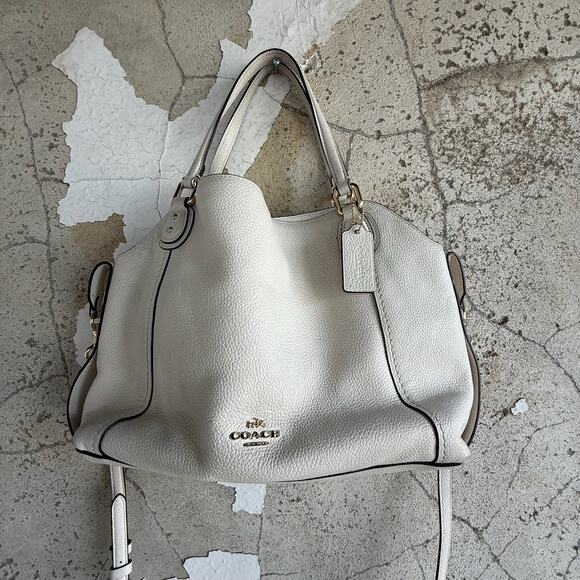 Coach Eddie Pebble Leather Satchel Tote Ivory Shoulder Bag Gold Hardware - Picture 1 of 11